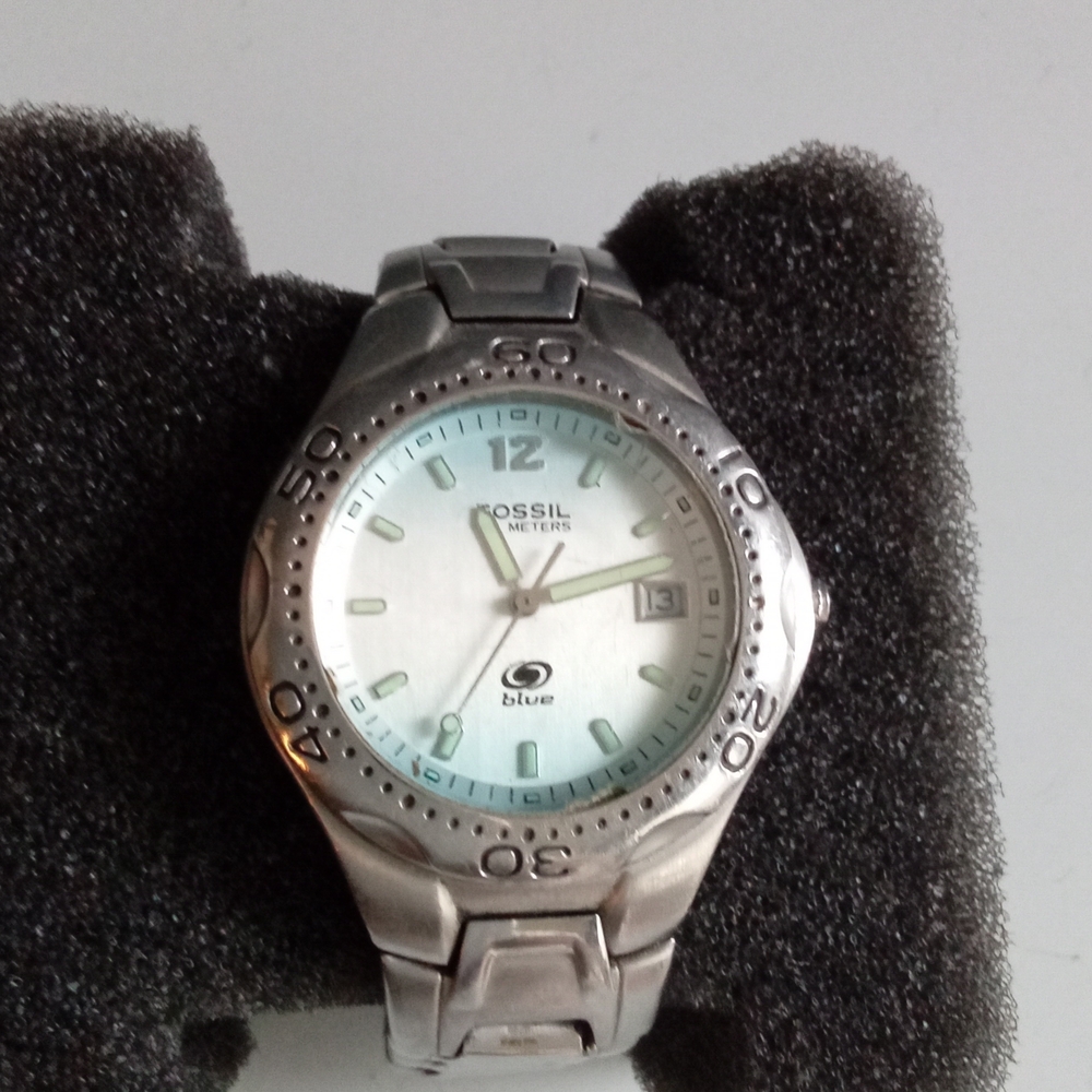 Fossil Blue Mens Watch‎ Silver Stainless Steel White Dial Date Window BQ-8772